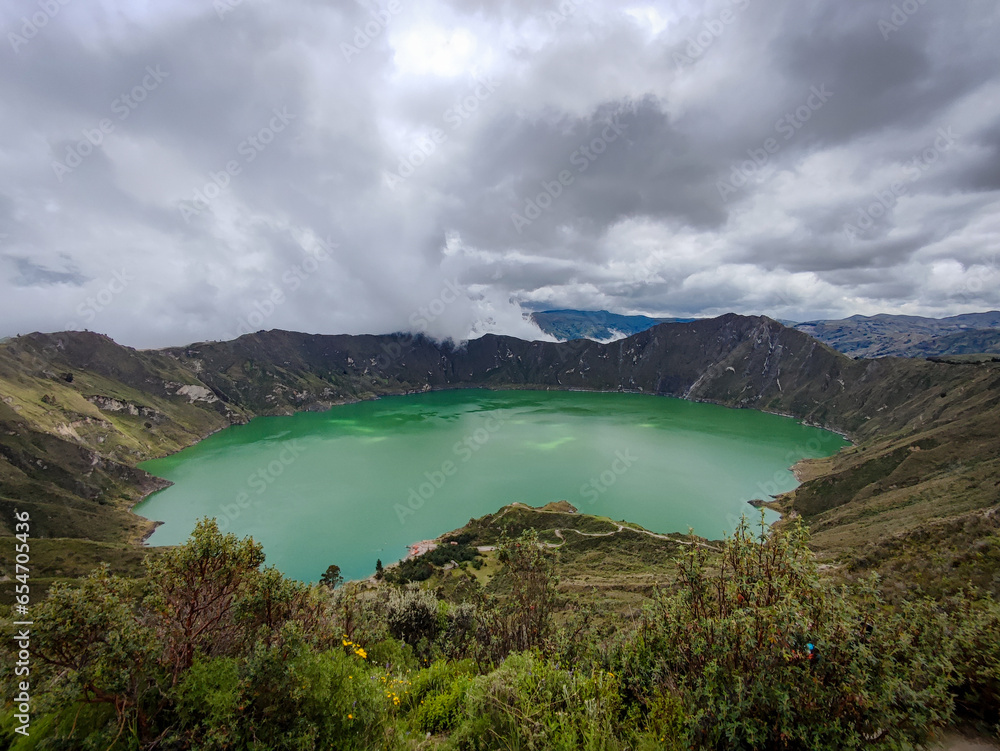 Laguna del Quilotoa volcanic lagoon located in the Andes Mountains in Ecuador.