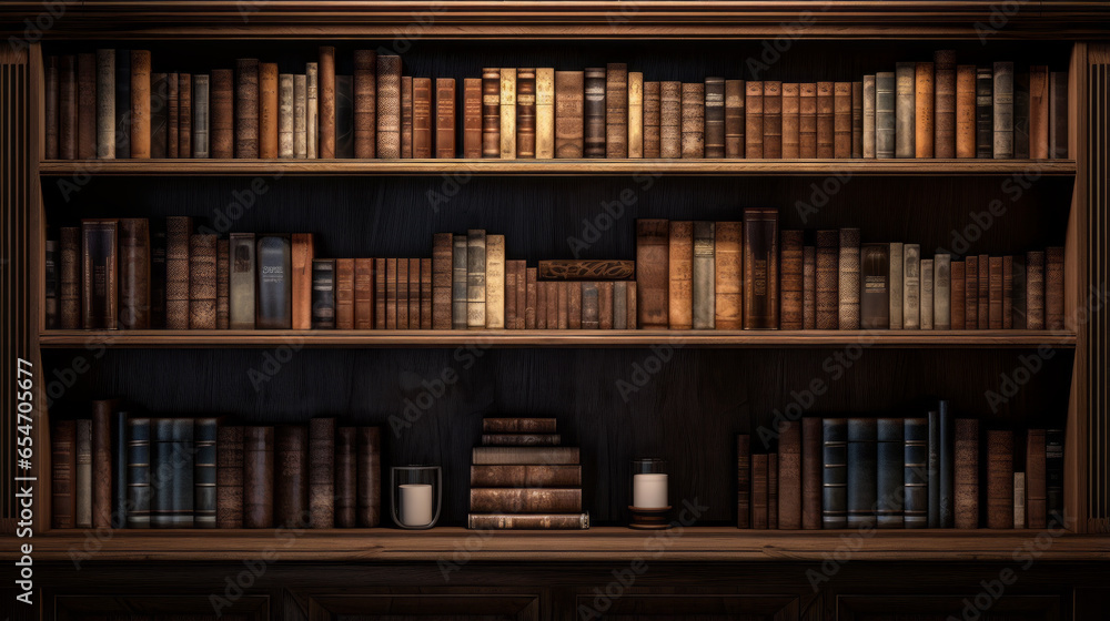 A brown wooden bookshelf with multiple shelves and a row of books A brown wooden bookshelf with multiple shelves and a row of books