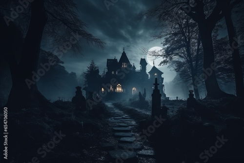 A spooky old haunted house on a moonlit night