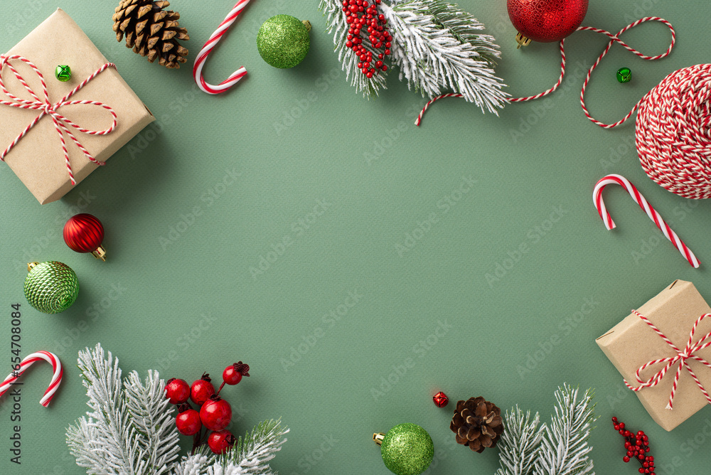 Christmas creativity: Top view shot showcasing gift boxes, wrapping essentials, ornaments, candy canes, and wintry spruce twigs with empty frame for text or advertising - obrazy, fototapety, plakaty 
