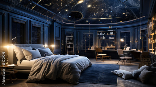 A celestial bedroom with a round bed beneath a celestial dome, projecting images of stars and galaxies on the ceiling
