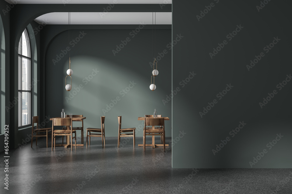 Green cafe interior with chairs and table near window, mock up partition - obrazy, fototapety, plakaty 