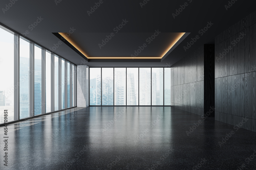Fototapeta premium Dark empty office room with panoramic window on Singapore skyscrapers