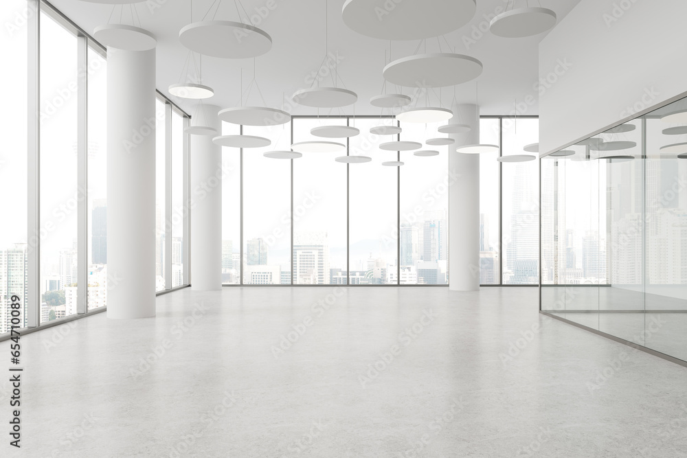 Fototapeta premium White empty office hall with panoramic window on Kuala Lumpur skyscrapers