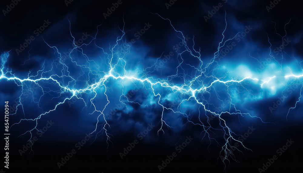 lightning strike on a black background, in the style of azure, electric fantasy - obrazy, fototapety, plakaty 