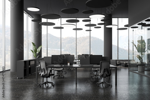 Panoramic gray open space office with columns