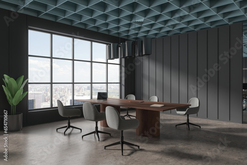 Grey office room interior with meeting table and chairs, panoramic window