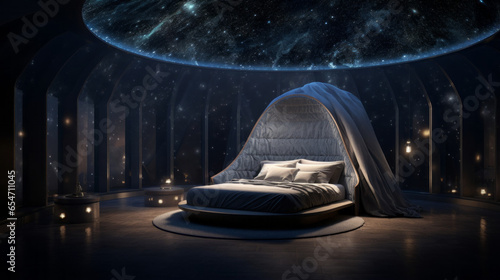 A celestial bedroom with a bed that gently rocks like a cradle and walls adorned with nebulae