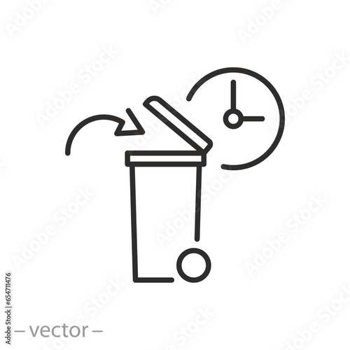 icon of time to dispose of the spoiled product, the expiration date has expired, trash can and clock, container bin for trash, thin line symbol - editable stroke vector illustration