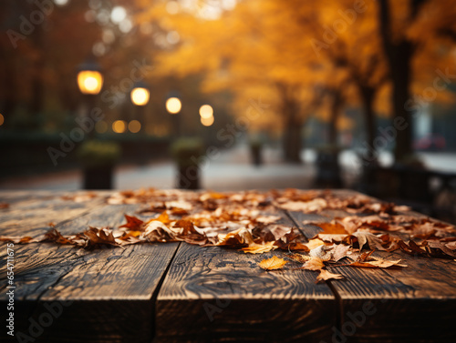 Autumn leaves on enemy fall, empty grunge wooden board and sunlight. Against the backdrop of the autumn mood bokeh