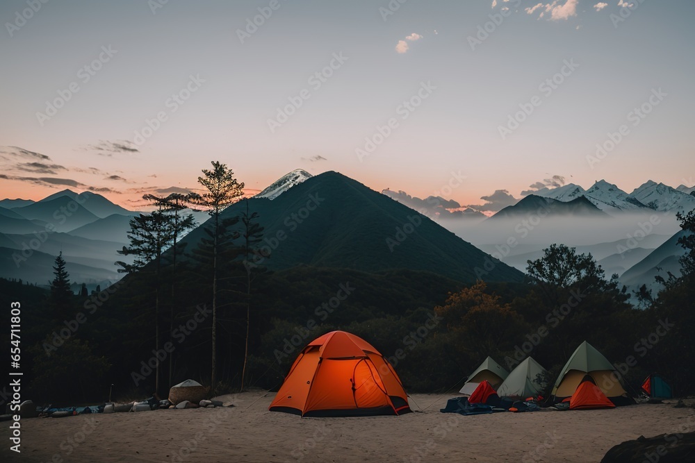 Tourist camp in the mountains, tent in the foreground. generative AI.