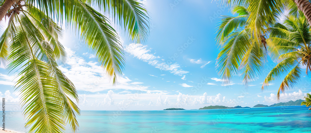 Paradise beach of a tropical island, palm trees, white sand, azure water. Famous stone beach in the Seychelles. Generative AI. - obrazy, fototapety, plakaty 