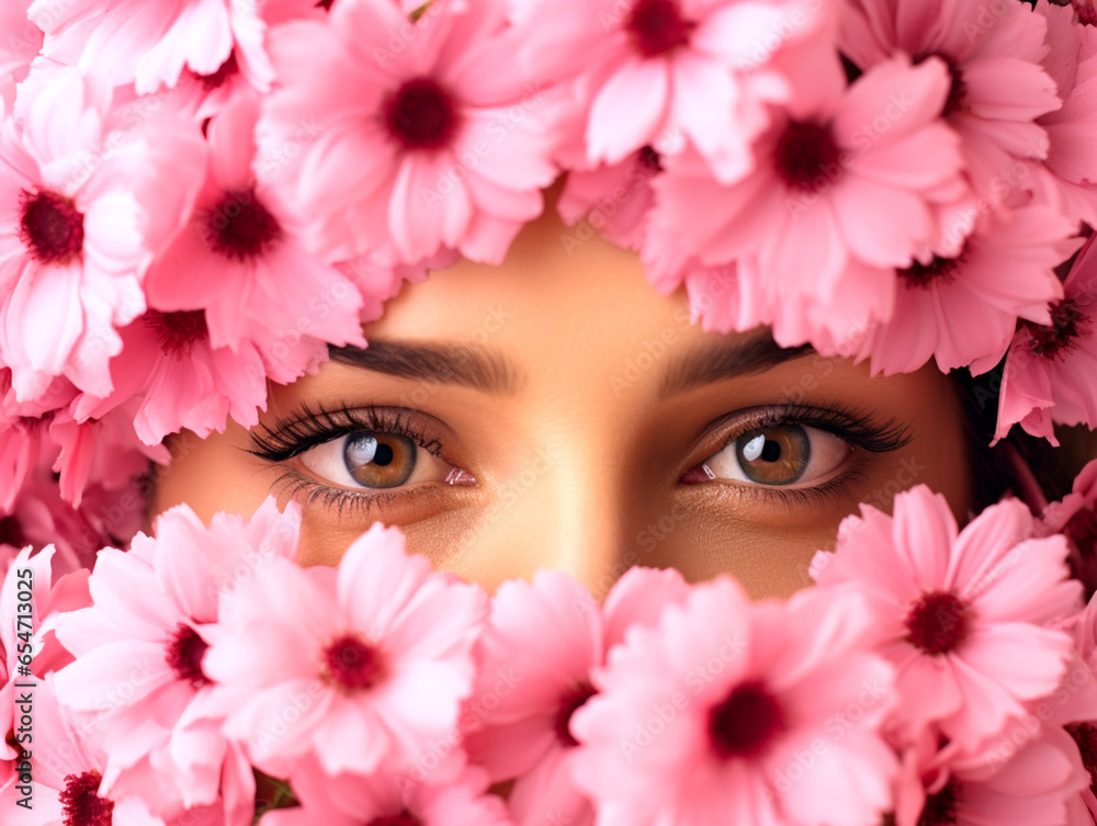 woman with pink flowers woman with pink flowers