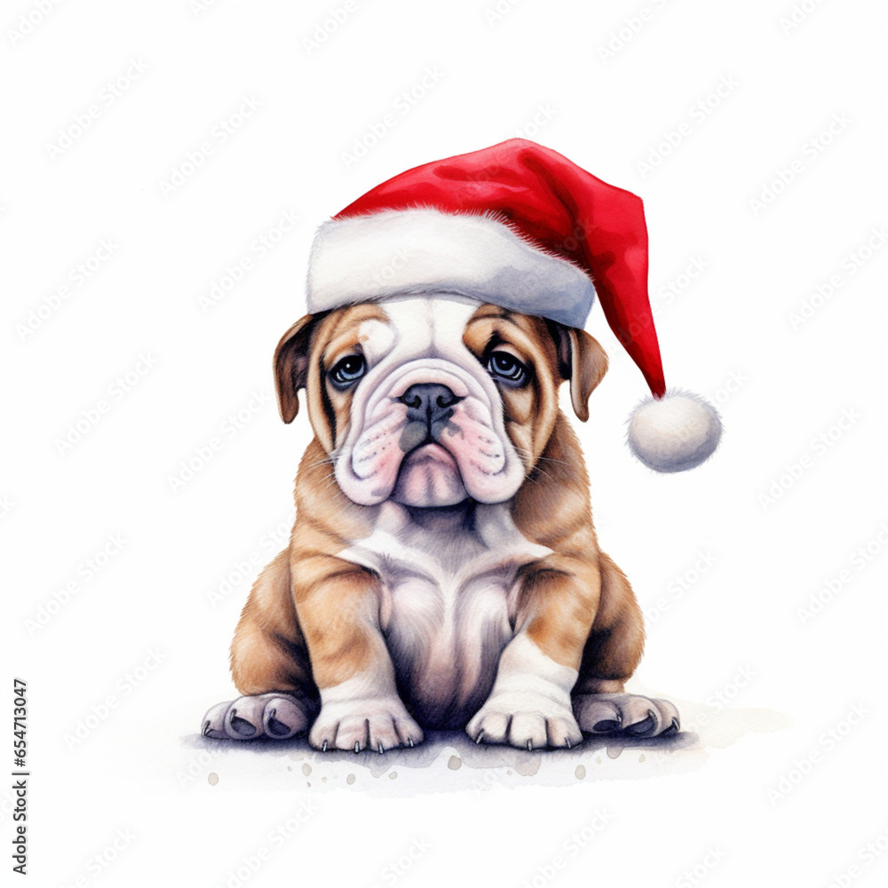 bulldog puppy sitting wearing red Christmas hat octane, generative ai