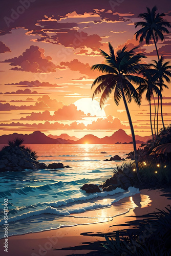 Tropical beach with palm trees at sunset. Vintage style. T-shirt design