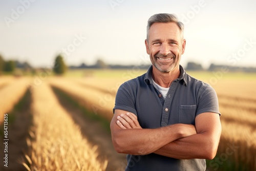 Smiling mature male farmer standing in front of blurred cornfield