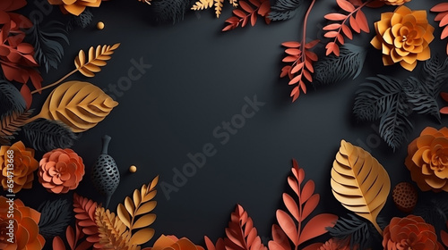 Frame template with autumn leaves and pine cones on dark background. Autumns icons on black background. Generative AI. 