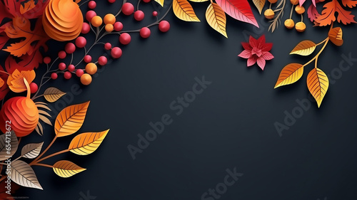 Frame template with autumn leaves and pine cones on dark background. Autumns icons on black background. Generative AI. 