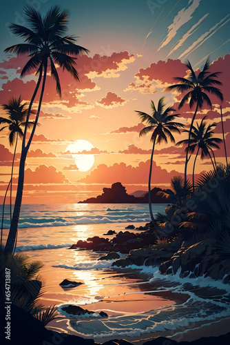 Tropical beach with palm trees at sunset. Vintage style. T-shirt design