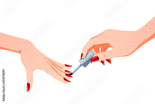 Women's hands applying red nail polish, vector image.