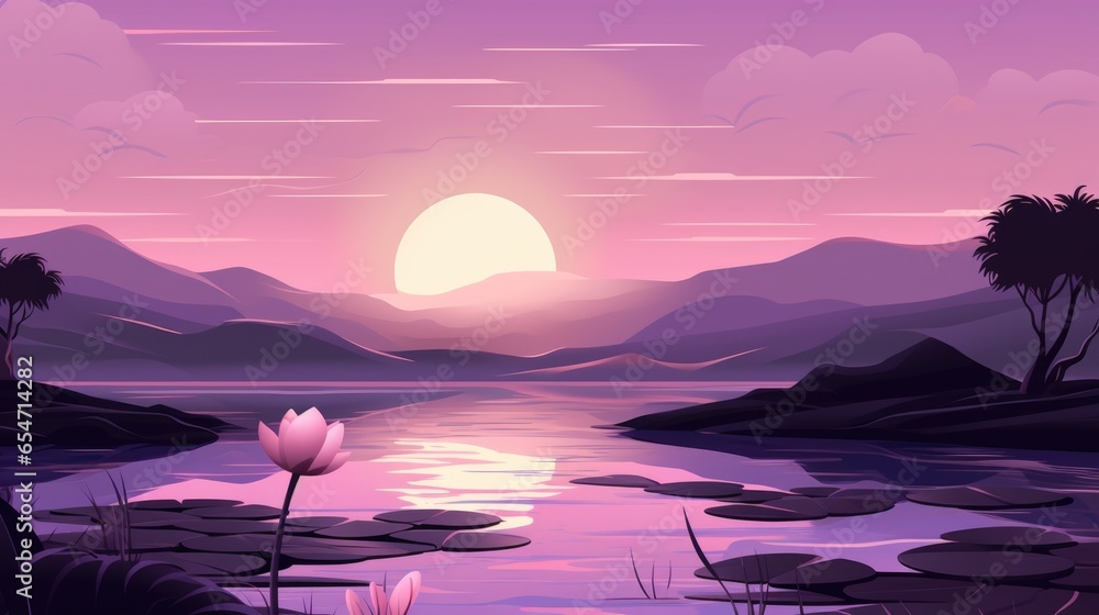Pink Lotus floating on pond landscape. Nature blooming lake waterlily flowers. Diwali greeting background concept. Festival of lights illustration for banner design, interior poster, card.. - obrazy, fototapety, plakaty 