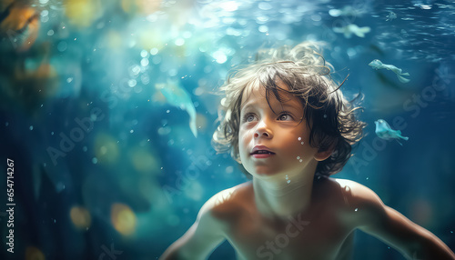 little boy is underwater in a pool