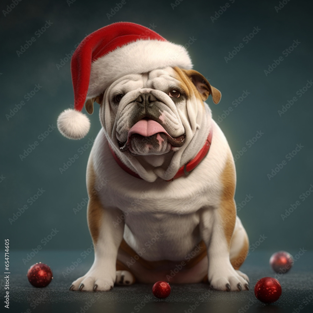 bulldog with a santa hat realistic 8k UHD, generative ai