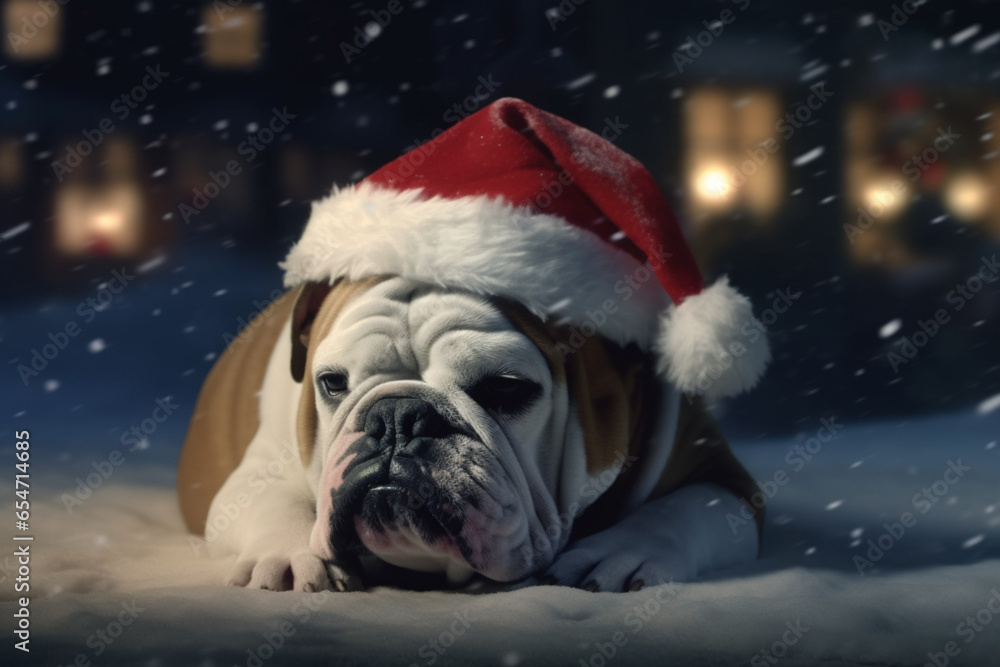 dog with a santa hat snowy night realistic 8k UHD, generative ai