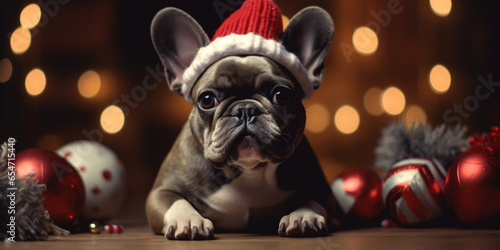 french bulldog sitting in christmas theme, generative ai