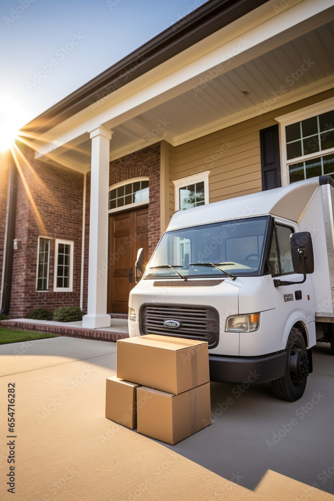 Photo of a delivery truck with boxes in front of it Photo of a delivery truck with boxes in front of it