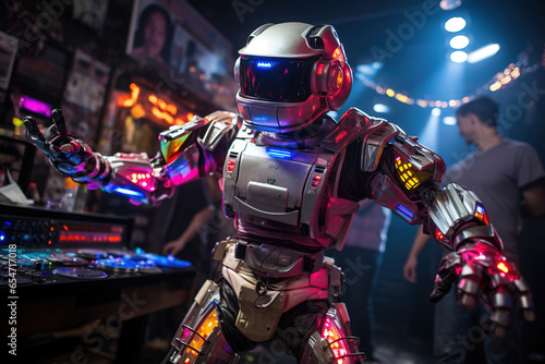 Photo of a person dressed as a robot standing in front of a DJ set