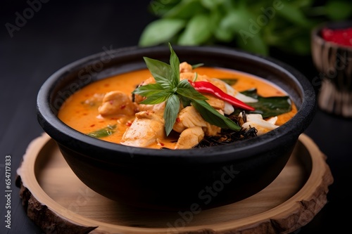 Thai spicy soup with chicken and vegetables in black bowl