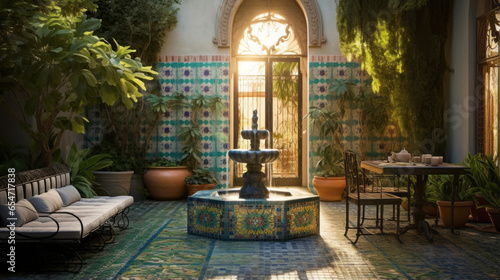 A charming and eclectic outdoor courtyard with mosaic tiles, wrought iron furniture, and a bubbling fountain photo