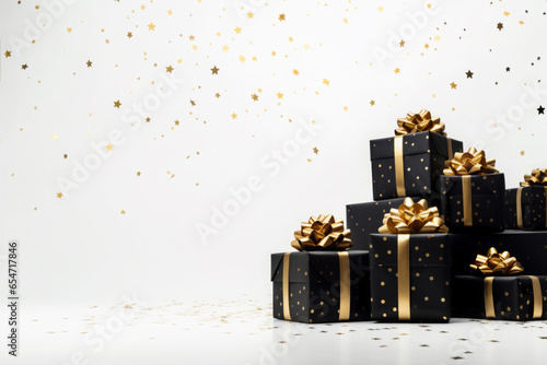 Festive Golden Present, Celebration Concept with Gift Box and Confetti