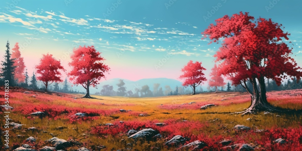 Illustration of Trees with Red Leaves in a Large Grass Field. Beautiful Landscape