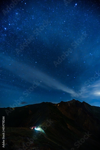 夜の那須岳(茶臼岳)と朝日岳を登る登山客のライトと山小屋とその上に輝く満天の星空と天の川 北斗七星 北極星