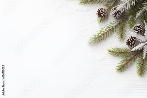 Christmas flat lay with a green fir tree branches on white wooden background with a copy space, top view. AI generated