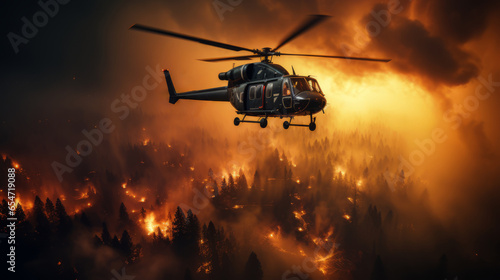 Firefighting helicopter flying over a large forest fire