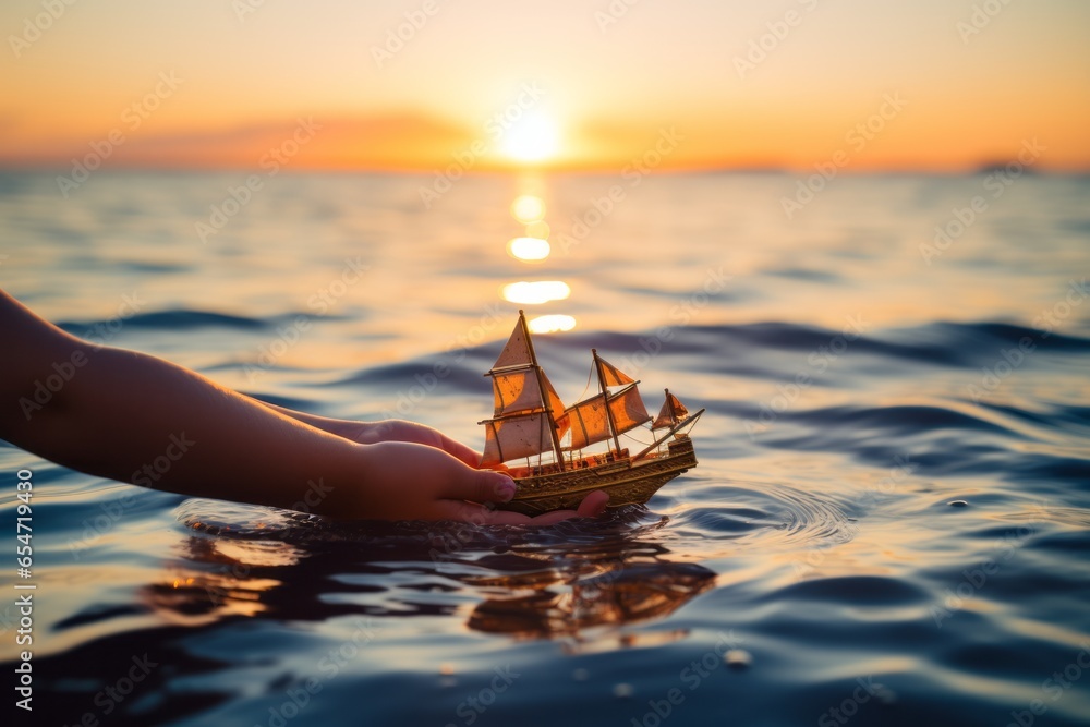 A child's hand launches a toy boat into the water. AI generated - obrazy, fototapety, plakaty 
