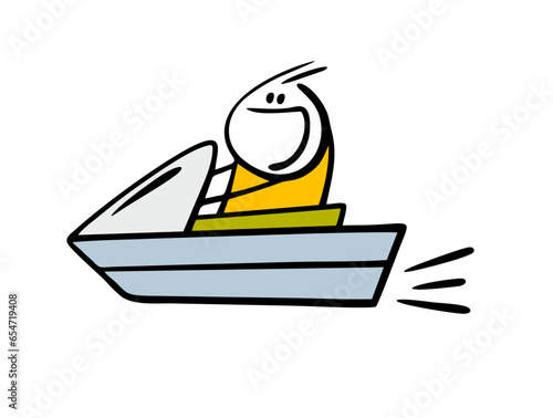 Stickman enthusiastically rushes on a water scooter over the waves. Vector illustration of sea competitions on transport and boat.