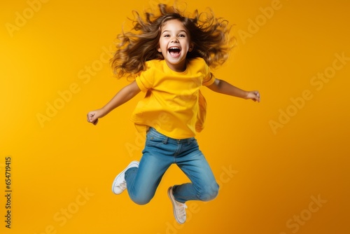 Happy jumping kid girl on a bright studio background. AI generated