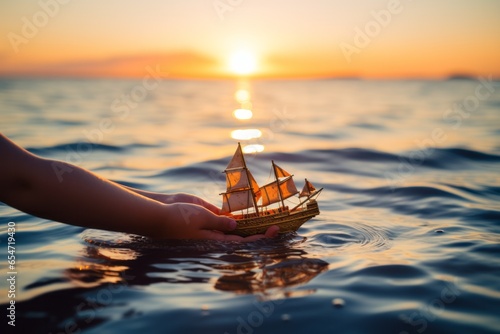 A child's hand launches a toy boat into the water. AI generated photo
