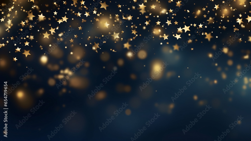 Abstract background with gold stars, particles and sparkling on navy blue. Christmas Golden light shine particles bokeh on navy blue background. 2024 New year background. Gold foil texture - obrazy, fototapety, plakaty 