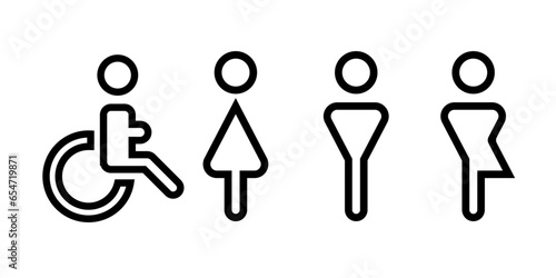 Vector image of a linear icon of a man, a woman and a gender-neutral person, a wheelchair user. Icons for toilets, public transport. EPS10