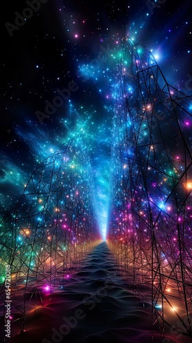 Fantasy holographic grid beyond imagination. Vibrantly colored light forms fading into endless black backdrop. Opulent wallpaper  banner suitable for science  technology  research  informatics.