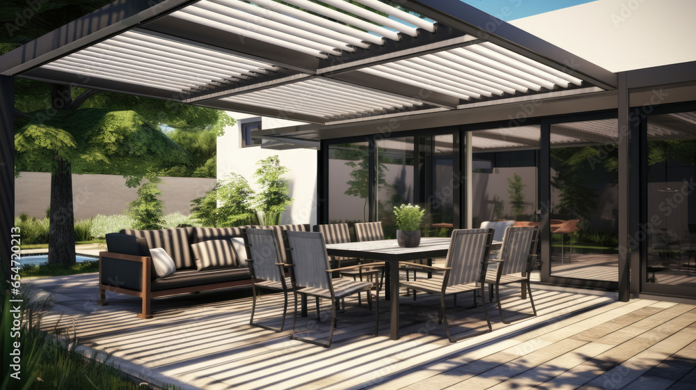 Pergola, Awning, Roof, Dining Table, Seats, and Metal Grill
