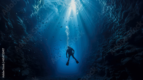 Scuba diving in deep blue sea with sunlight photo