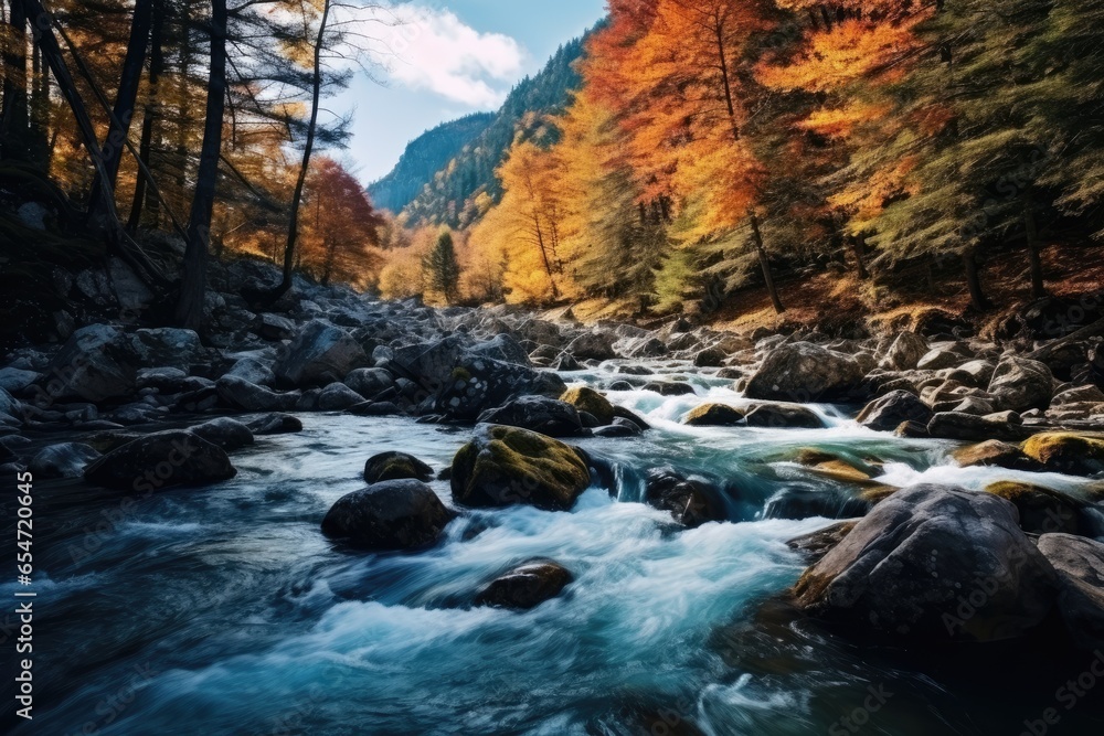 Landscape of a mountain river flowing through a forest in autumn colors Landscape of a mountain river flowing through a forest in autumn colors