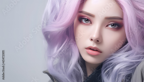 woman with purple hair on studio background