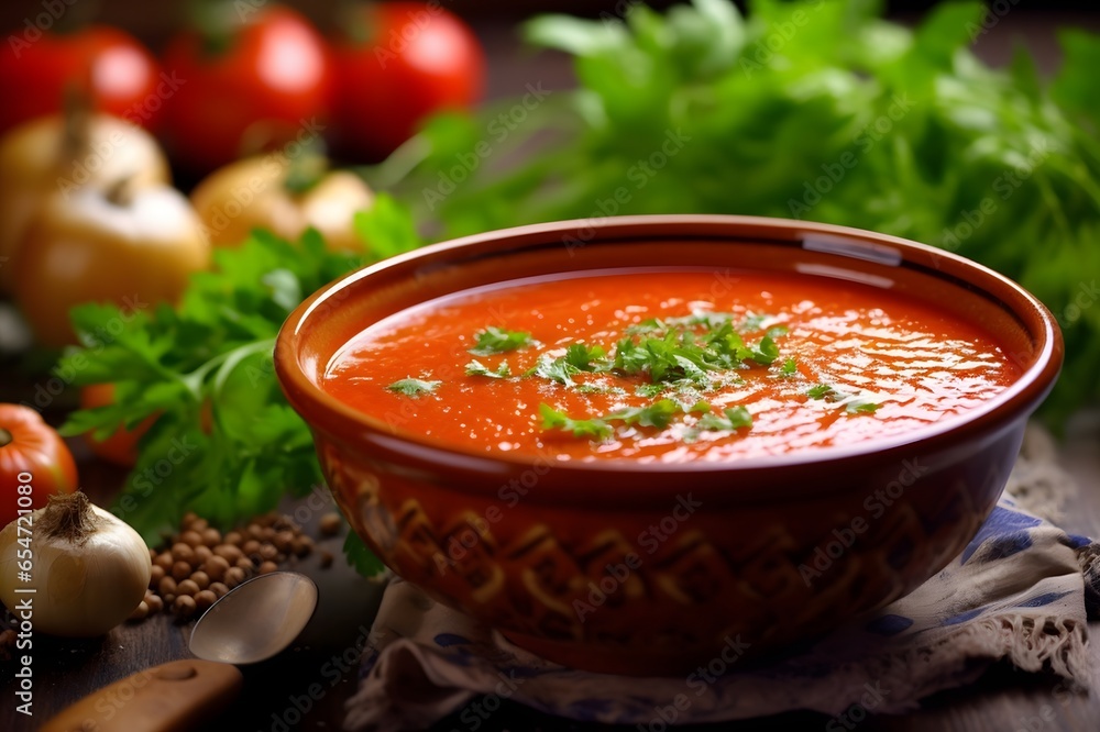Homemade tomato soup with parsley in a bowl on a wooden table Homemade tomato soup with parsley in a bowl on a wooden table